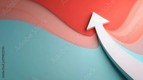 Fototapeta Elegant white arrow pointing up on a smooth teal and coral pastel background