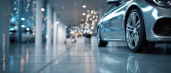 Obraz The Car Gleaming in a Luxury Showroom with Reflective Floor and Bokeh Lights