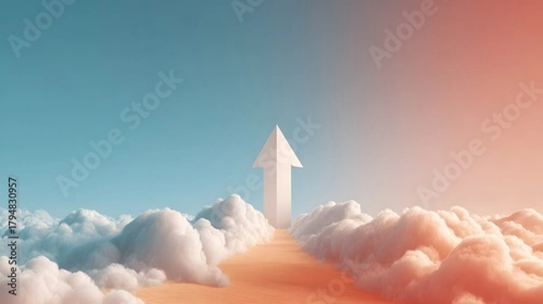 Fototapeta Stylized white arrow pointing up, floating on a soft gradient of sky blue and peach