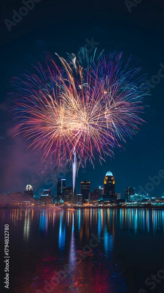 Fototapeta Vibrant Fireworks Exploding Over a City Skyline – Colorful Night Display, Bright Lights, and Festive Urban Atmosphere