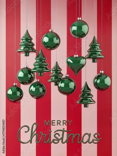 Fototapeta Merry Christmas.  A holiday greeting card design with green glass ornaments  hanging on  striped red and pastel pink background. 