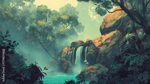 Fototapeta Vibrant Jungle Waterfall Surrounded by Mist – Lush Tropical Foliage, Cascading Waters, and Enchanting Rainforest Atmosphere