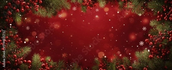 Fototapeta The Christmas Garland Frame with Berries Pine Needles and Sparkling Snowflakes