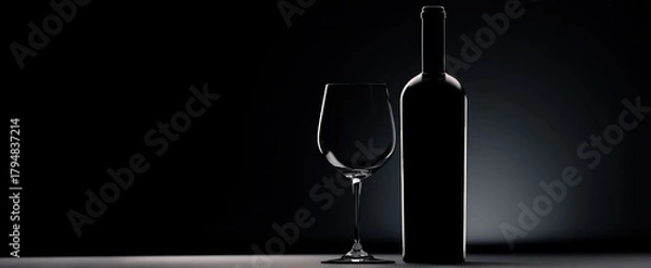 Fototapeta The Wine Bottle and Glass Silhouetted by Dramatic Backlight on a Minimal Dark Background