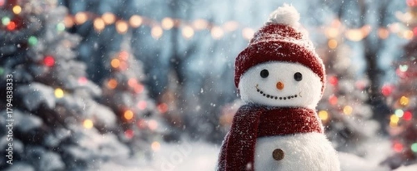 Fototapeta The Snowman in a Festive Winter Night with Bokeh Lights and Falling Snow
