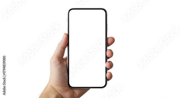 Obraz Hand Holding a Modern Smartphone: A close-up shot of a hand delicately cradling a modern smartphone with a blank, bright screen, perfectly poised for digital interaction.