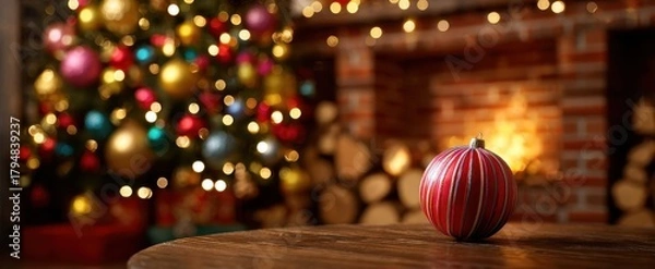 Fototapeta The ornament on a wooden table with blurred Christmas tree and fireplace glow