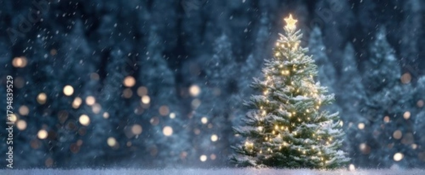 Fototapeta The Christmas tree glowing with lights in snowy winter forest at dusk