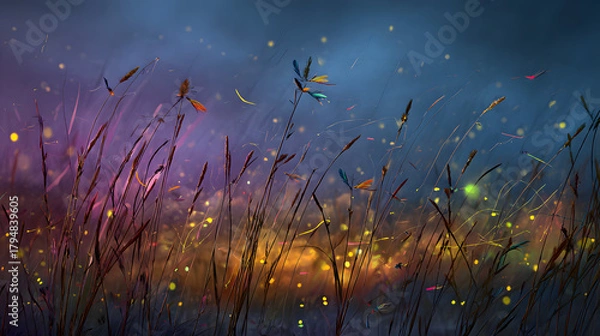 Fototapeta Vibrant Meadow Glowing with Fireflies at Dusk – Magical Twilight Field, Soft Light, and Enchanted Nature Scenery