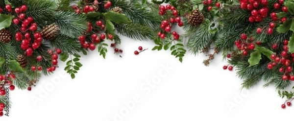Fototapeta The Christmas garland border of pine branches holly berries and cones on white