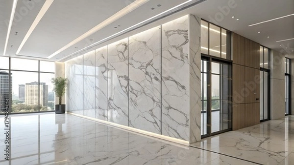 Fototapeta Modern office lobby with marble walls and city views zoom background 