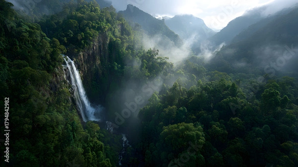 Fototapeta Vibrant Rainforest Waterfall with Misty Air – Lush Tropical Foliage, Cascading Waters, and Enchanting Jungle Atmosphere