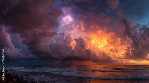 Fototapeta Vibrant Storm Glowing Over the Ocean Horizon – Radiant Lightning Clouds, Powerful Waves, and Dramatic Atmospheric Seascape