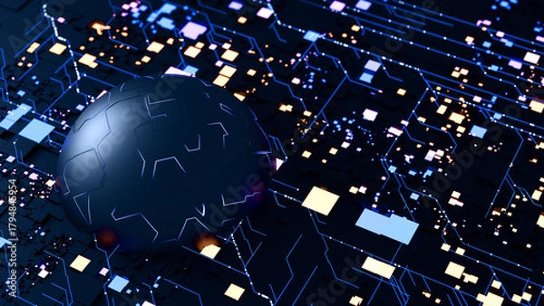 Fototapeta Tech grid with neon data lines 3D render