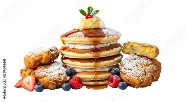 Obraz Stack of delicious pancakes with fruit and syrup isolated on transparent background