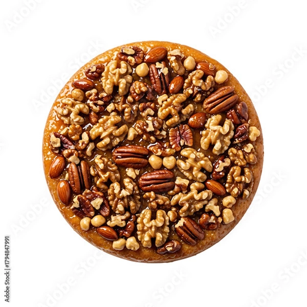 Obraz Round nut tart with pecans and walnuts isolated on transparent background