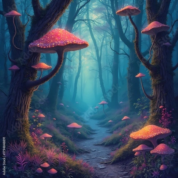 Fototapeta Enchanted forest with glowing mushrooms and winding path at dawn  