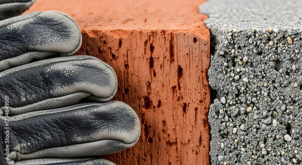 Fototapeta Close up of a brick and cinder block with a gloved hand construction materials