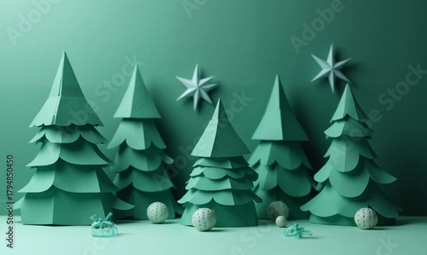 Obraz Festive paper cutouts of trees and stars create a whimsical holiday scene against a solid green backdrop.