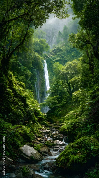 Fototapeta Vibrant Waterfall Hidden Deep in the Rainforest – Lush Tropical Foliage, Cascading Waters, and Enchanting Jungle Scenery
