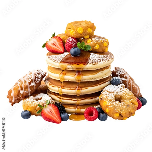 Obraz Delicious stack of pancakes with fresh berries and syrup isolated on transparent background