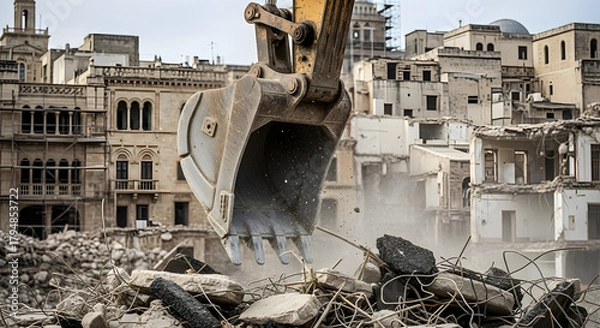 Obraz Demolition of Historic Buildings by Heavy Machinery Urban Development Concept