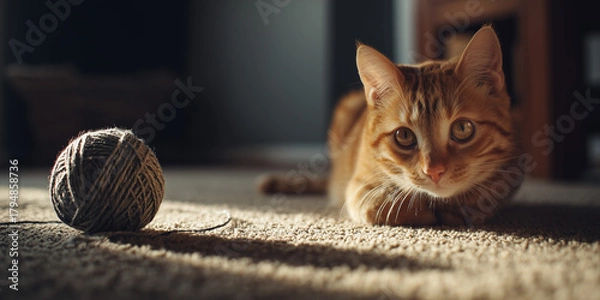 Obraz Orange cat lying on a carpet and watching a ball of yarn in warm indoor light