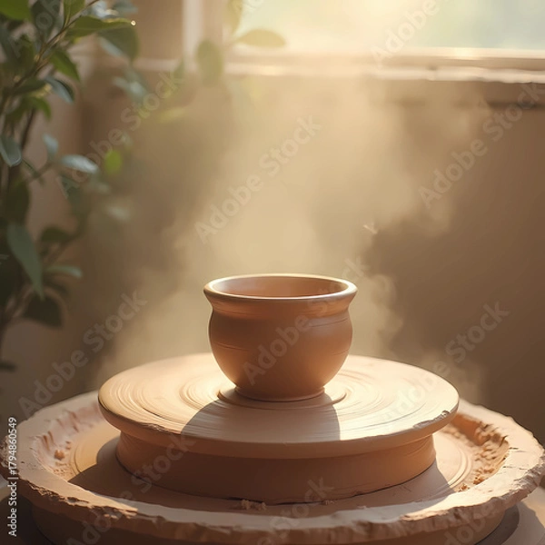 Fototapeta Pottery wheel with clay pot being shaped in soft sunlight  