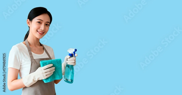 Obraz A smiling young Asian woman in gloves holds a spray bottle and a cleaning cloth. The cleaning banner has an empty space for the text.