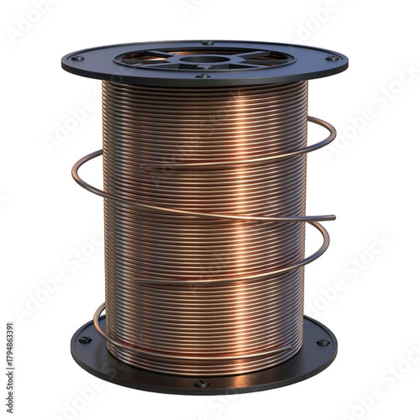 Obraz Detailed 3D rendering of a copper wire spool with intricate metallic texture and transparent background showcasing advanced manufacturing