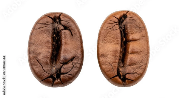 Fototapeta Detailed Close Up Of Two Roasted Coffee Beans With Deep Crevices And Rich Brown Texture On A Transparent Background In Studio Lighting