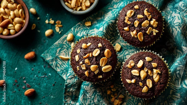 Fototapeta Schokoladenmuffins mit Erdnüssen auf rustikalem Hintergrund