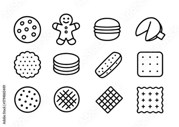 Obraz Black and white cookie icon set - assorted cookie shapes and designs