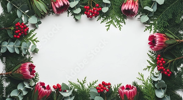 Obraz Festive floral frame with protea flowers eucalyptus and red berries elegant botanical design for holiday cards and invitations cop