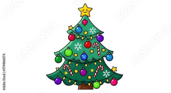 Obraz Cartoon Christmas tree illustration decorated with ornaments and candy canes festive vector graphic isolated on white background