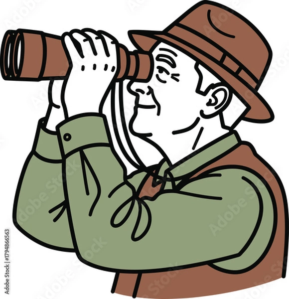 Fototapeta Man with hat looking through a monocular, searching perspective. Vector