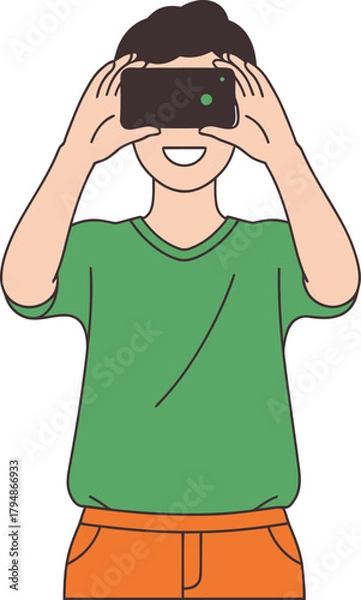 Fototapeta Smiling young man enjoying immersive virtual reality on smartphone Vector