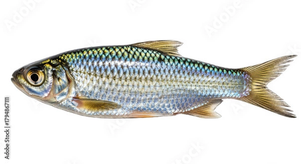 Obraz Detailed image of a single shiny silver fish with yellow fins and scales against a transparent background showcasing its natural aquatic form and texture