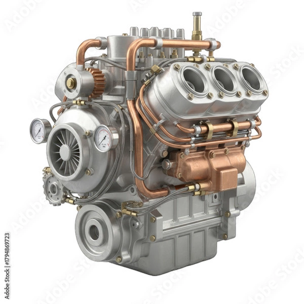 Obraz Detailed V8 Engine With Copper Accents And Gauges Isolated On Black Background Realistic 3D Render