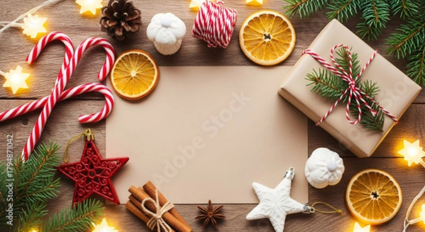 Fototapeta Festive Christmas background with blank paper presents and decorations perfect for holiday greetings and seasonal promotions