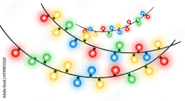 Obraz Colorful string lights vector illustration glowing light bulbs for festive decoration isolated on white background