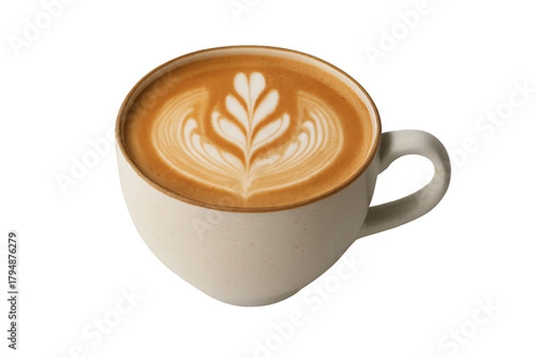 Fototapeta Cappuccino with latte art in white ceramic mug