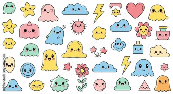 Fototapeta A vibrant collection of cute, kawaii-style cartoon characters and elements, including ghosts, stars, clouds, flowers, and lightning bolts, all with happy facial expressions.