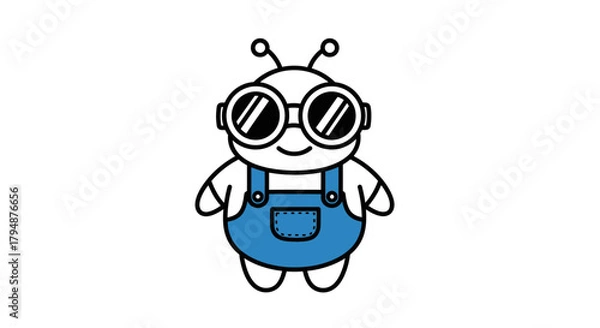 Fototapeta A cute cartoon alien character wearing blue overalls and round goggles, with antennae on its head.