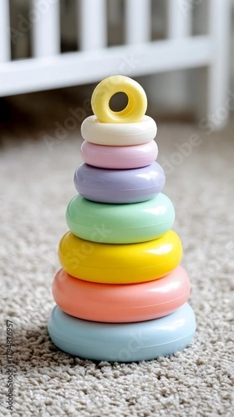 Fototapeta Bright and clean space with a toddler focused on stacking pastel rings