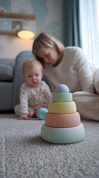 Fototapeta Cozy corner of the home where baby explores pastel stacking toys with mom