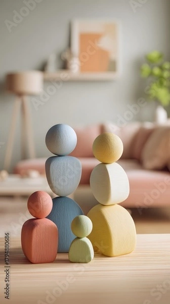 Fototapeta Minimalist decor surrounding family playing with pastel stackable toys