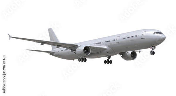 Fototapeta Generic large passenger jet airplane flying isolated on white background for travel and aviation design