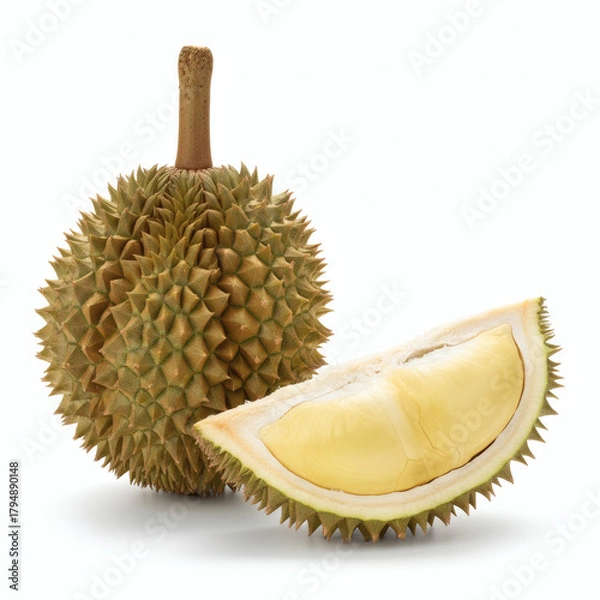 Fototapeta Close-up of durian fruit with one whole spiky shell and an opened section revealing creamy yellow flesh, isolated on a pure white background — detailed exotic fruit texture.