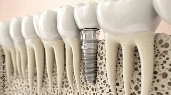 Fototapeta 3D render of a dental implant embedded in a cross-section of jawbone